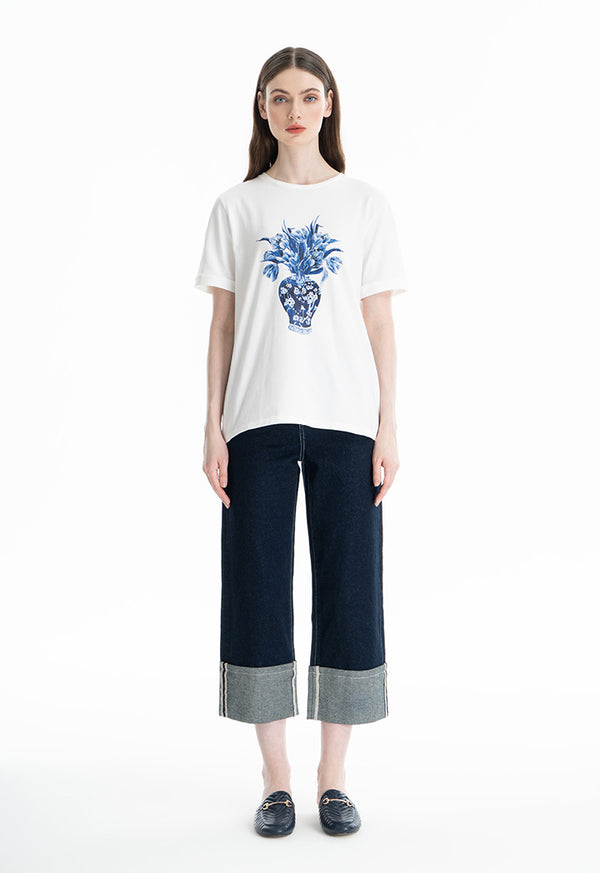 Choice Floral Vase Printed T-Shirt Offwhite