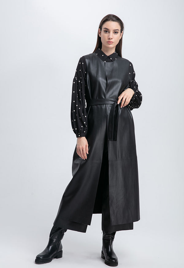 Choice Faux Leather Belted Sleeveless Cardigan Black
