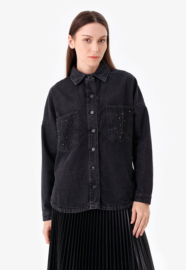Choice Denim Jacket With Pocket Embellished Black