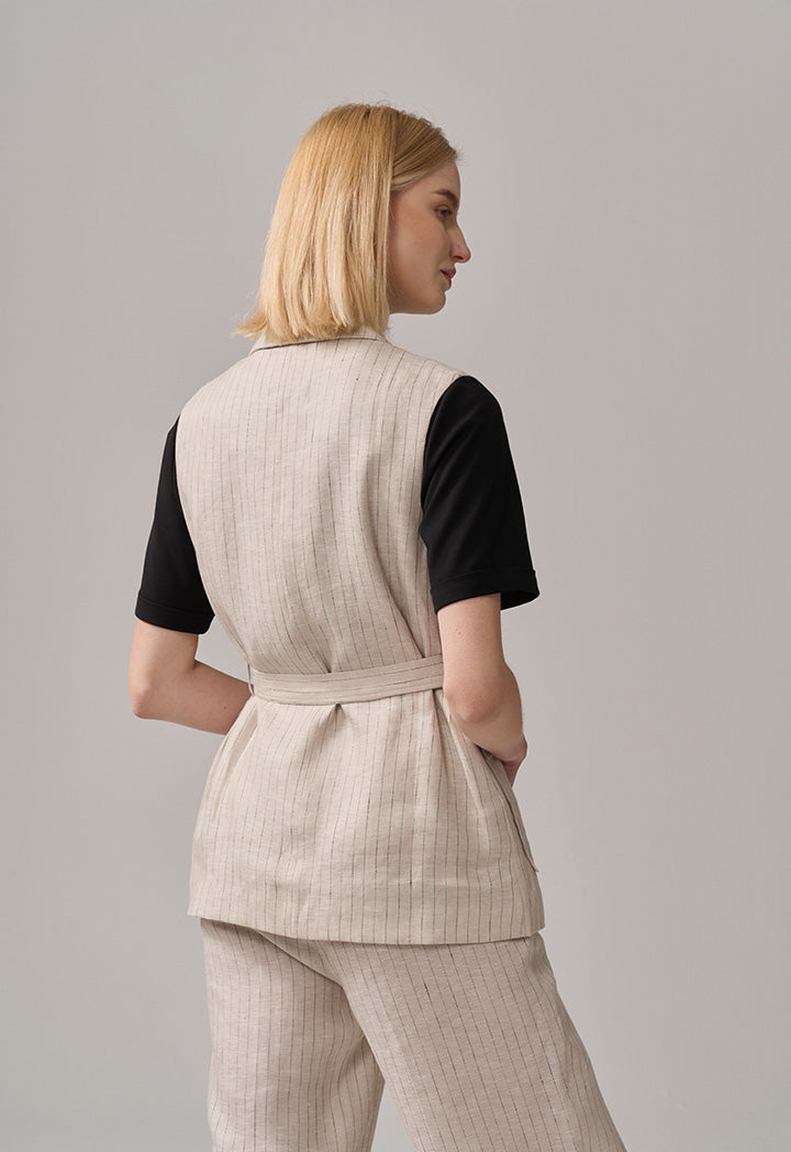 Choice Striped Sleeveless Belted Gilet Beige