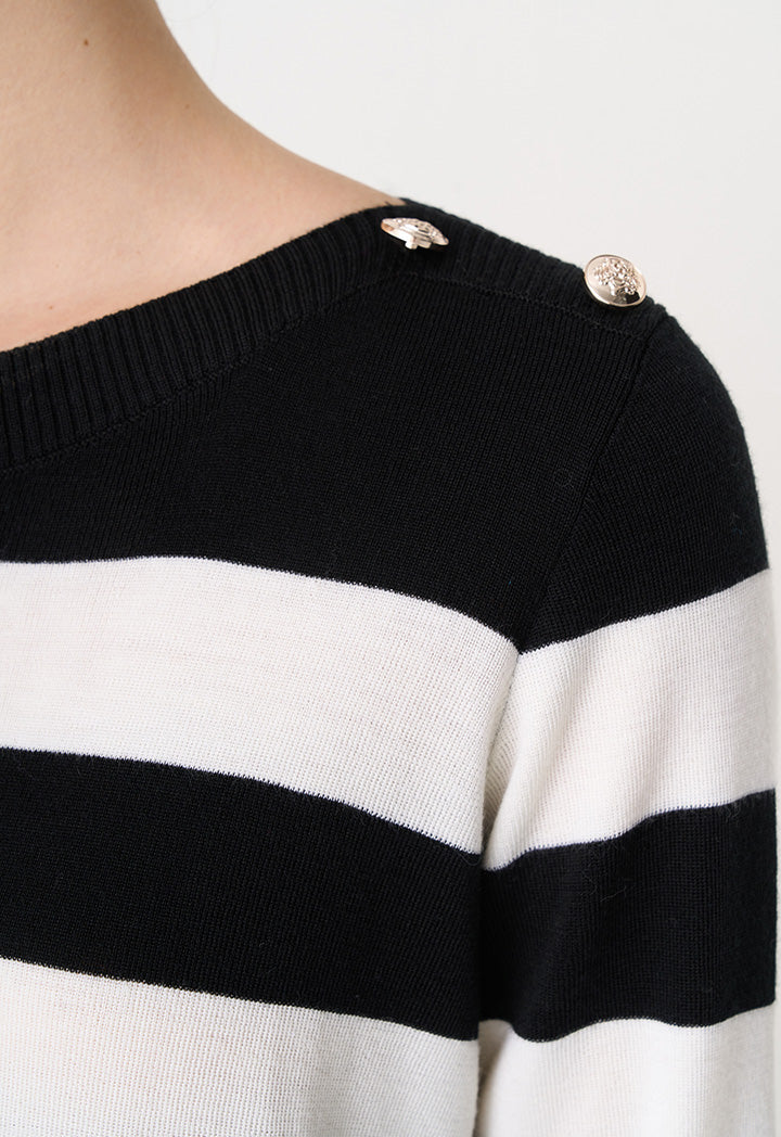 Choice Contrast Knitted Long Sleeve Blouse Black-White