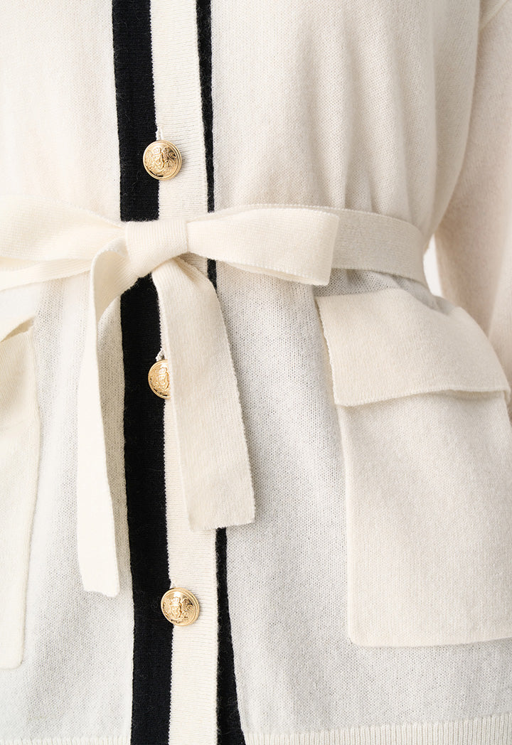 Choice Contrast Knitted Belted Cardigan Cream