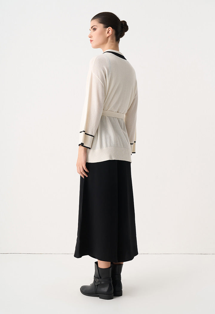 Choice Contrast Knitted Belted Cardigan Cream