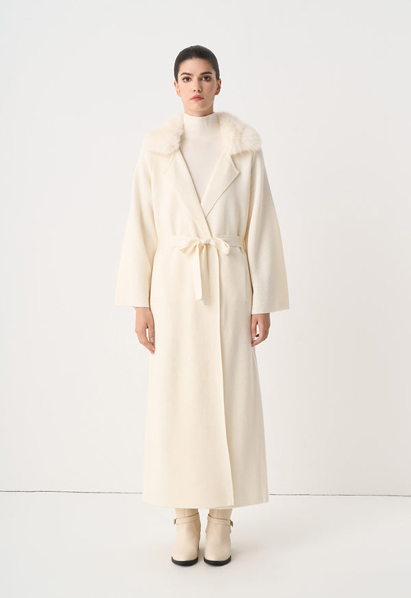 Choice Solid Knitted Belted Winter Maxi Coat  Cream