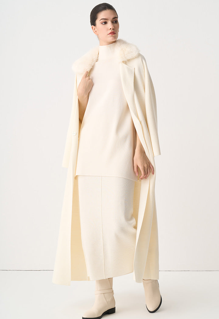 Choice Solid Knitted Belted Winter Maxi Coat  Cream