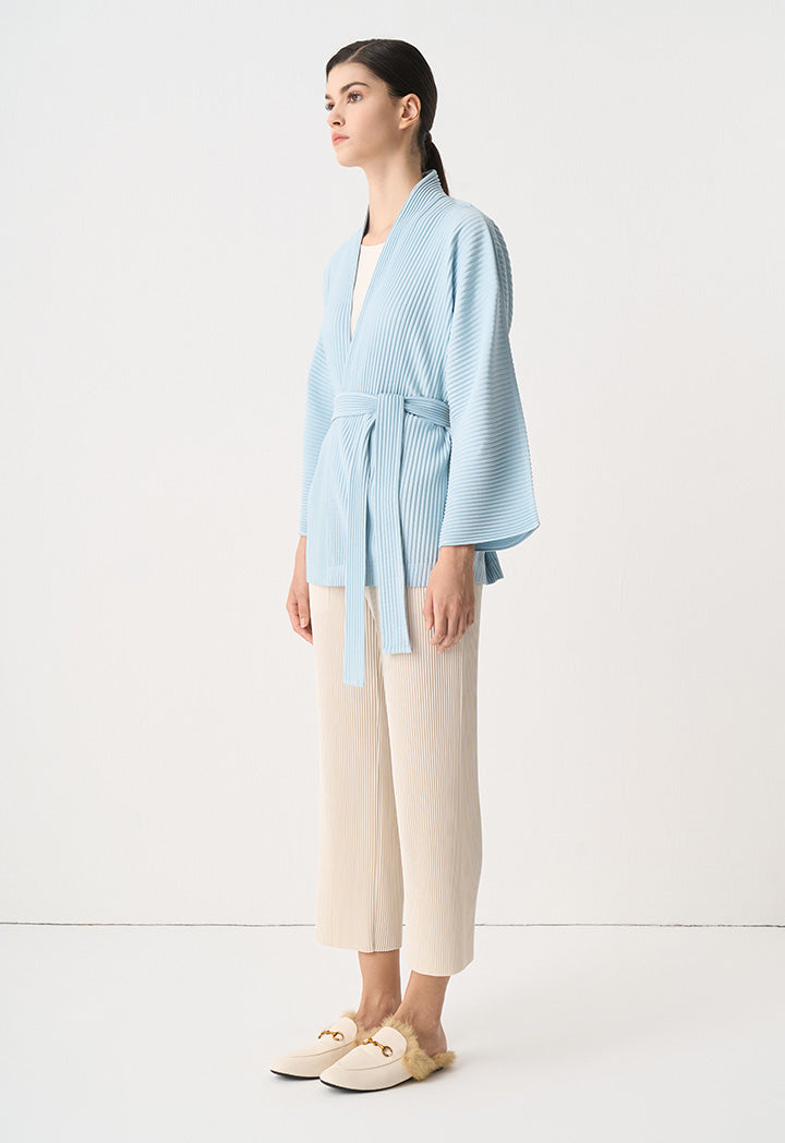 Choice Solid Pleated Belted Jacket Blue