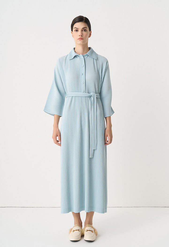 Choice Pleated Belted Oversize Maxi Dress Blue