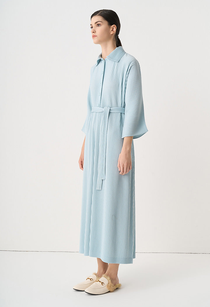 Choice Pleated Belted Oversize Maxi Dress Blue