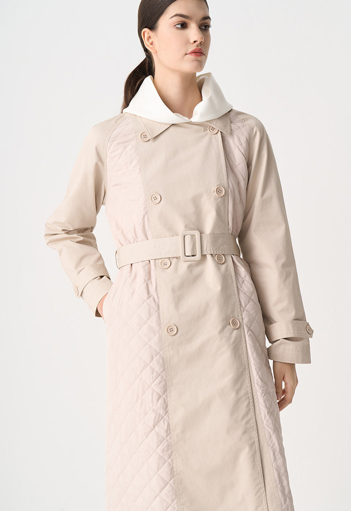 Choice Quilted Double Breasted Midi Coat Beige