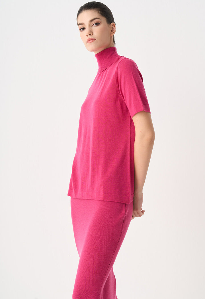 Choice Solid Knitted Short Sleeve Blouse Fuchsia