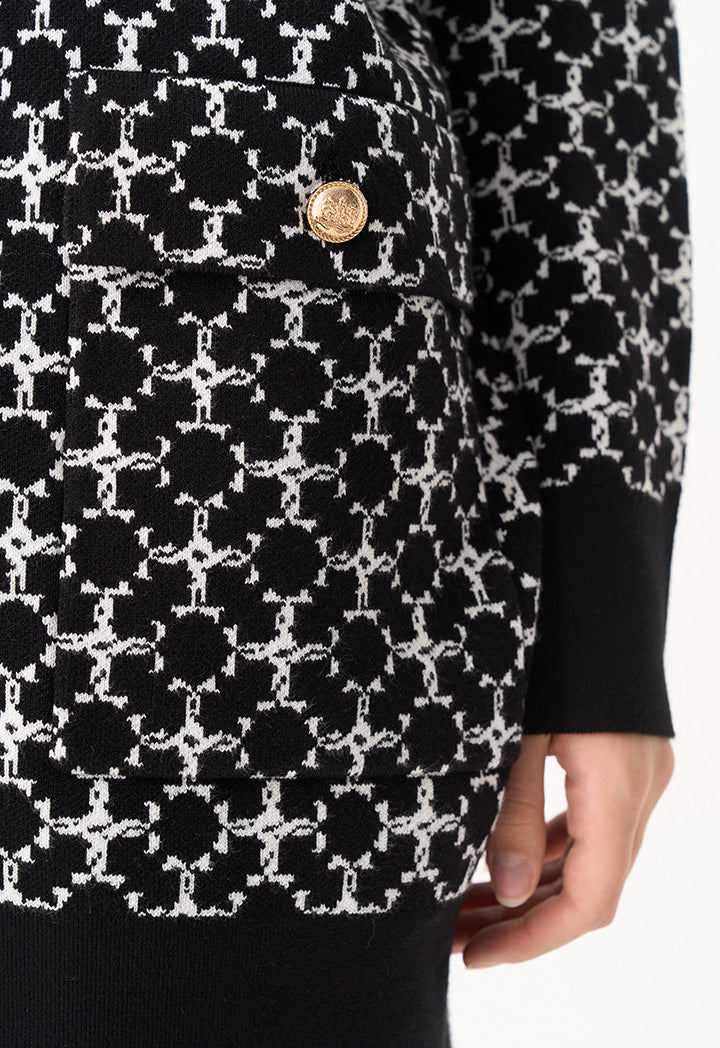 Choice Contrast Long Sleeves Knitted Monogram Cardigan Black/Cream