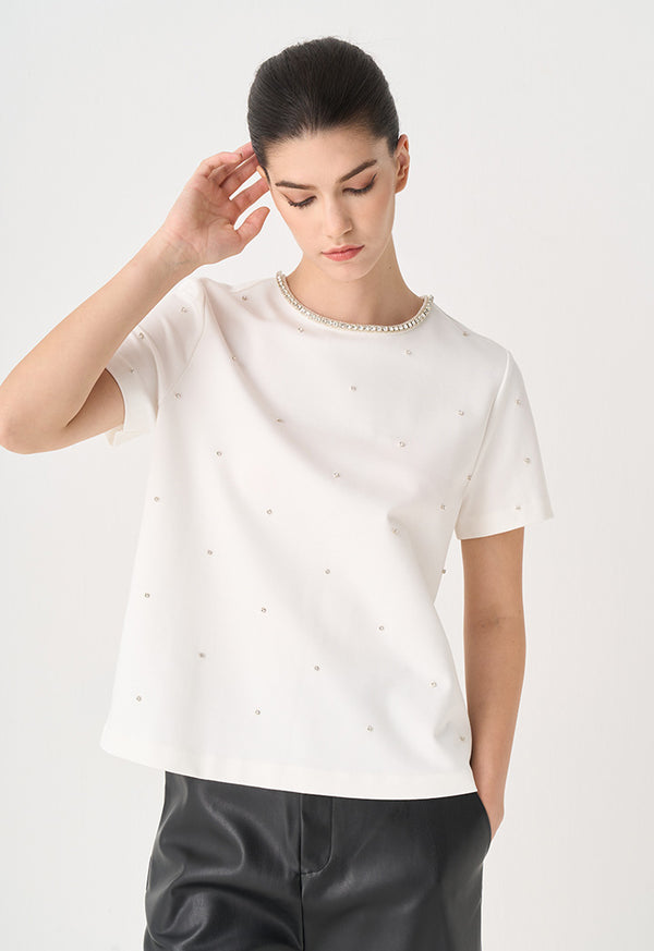 Choice Rhinestone Embellished T-Shirt Off White