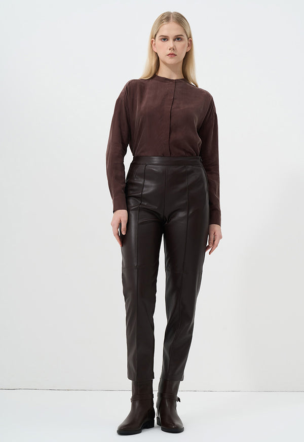 Choice Solid Leather Straight Leg Trousers Brown