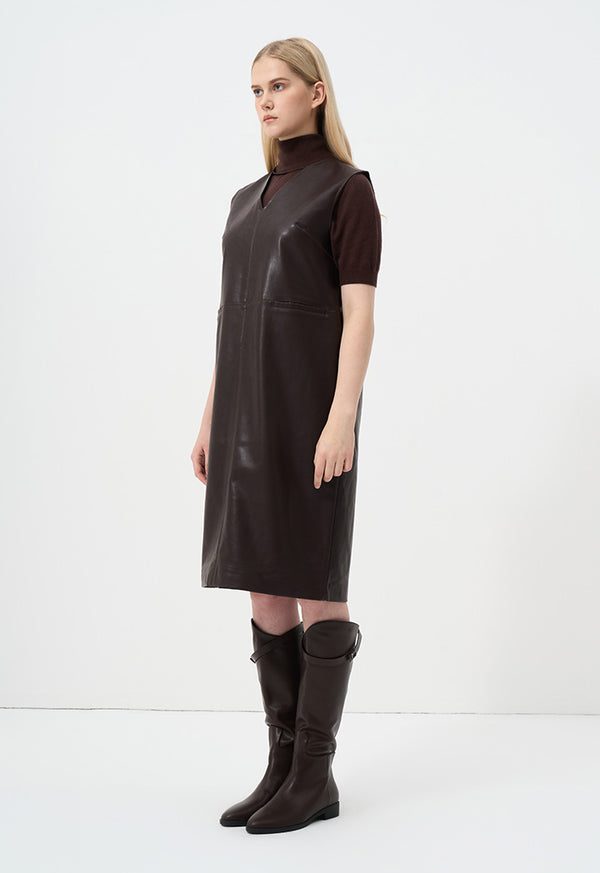 Choice Solid Sleeveless Leather Dress Brown