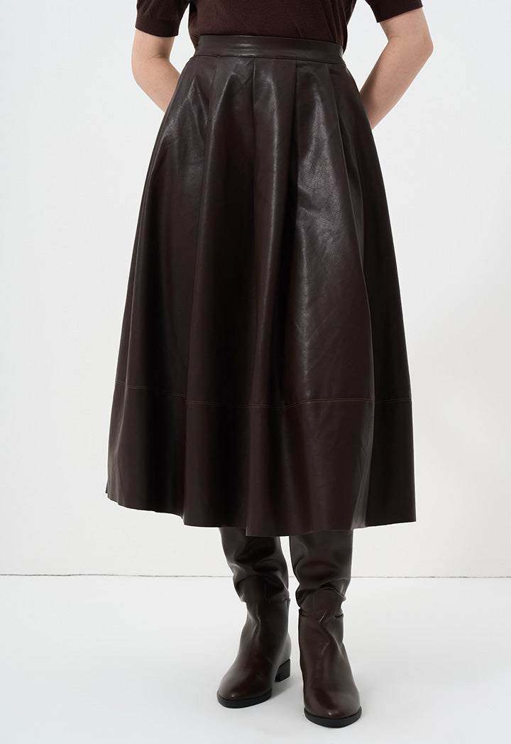 Choice Solid Leather Pleated Skirt Brown