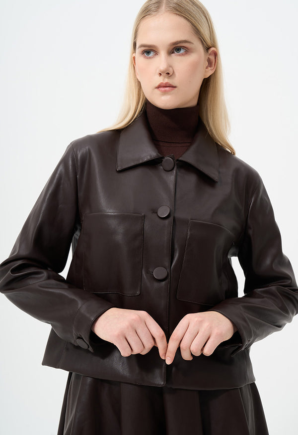 Choice Long Sleeves Cropped Synthetic Leather Jacket Brown