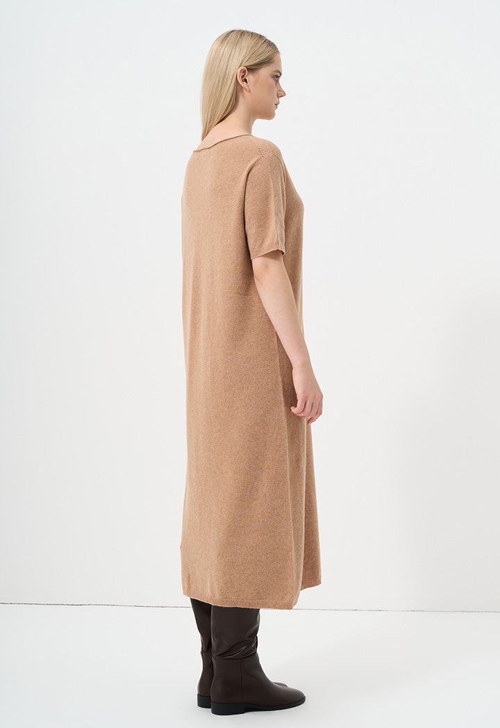 Choice Short Sleeves Knitted Dress Camel