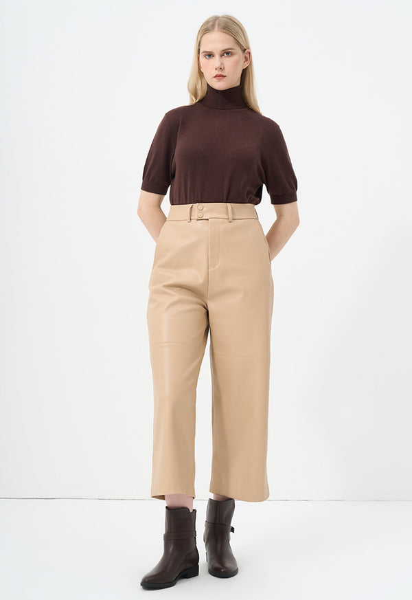 Choice Solid Leather Wide Legs Trousers Beige