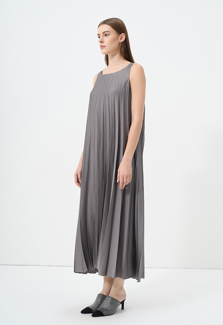 Choice Sleeveless Pleated Flared Maxi Dress Grey