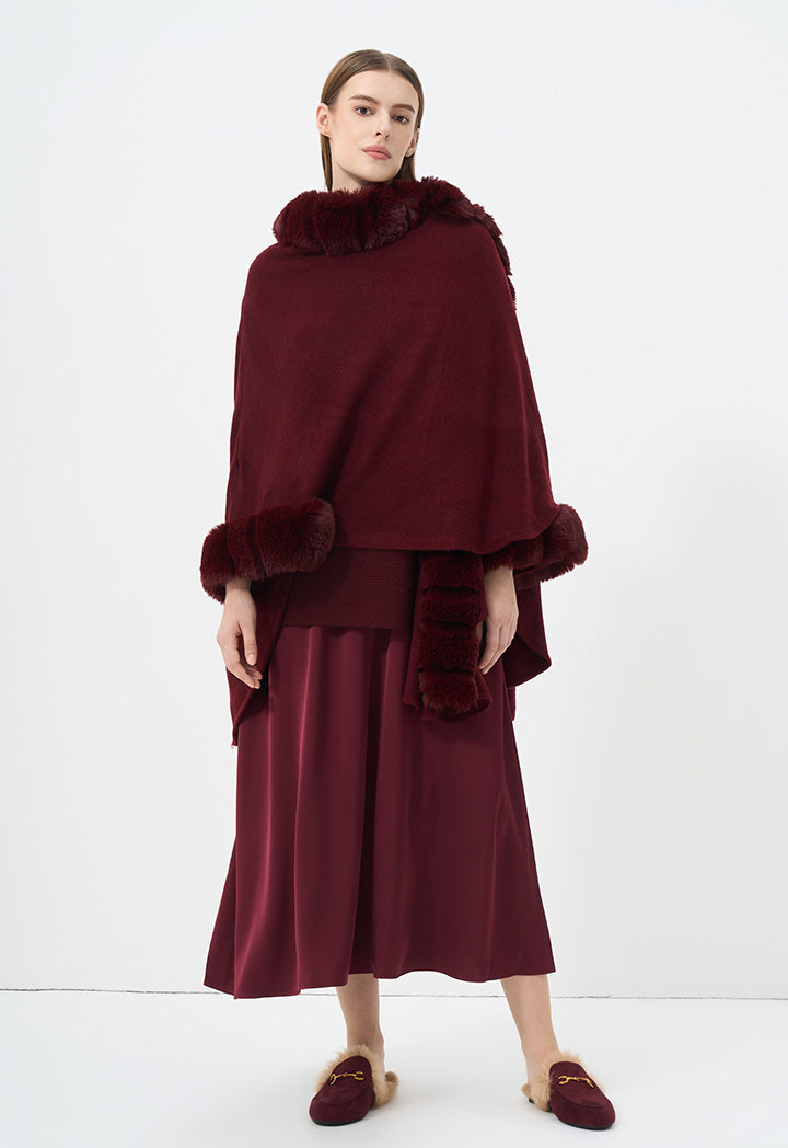 Choice Knitted Faux Fur Embellished Poncho Burgundy