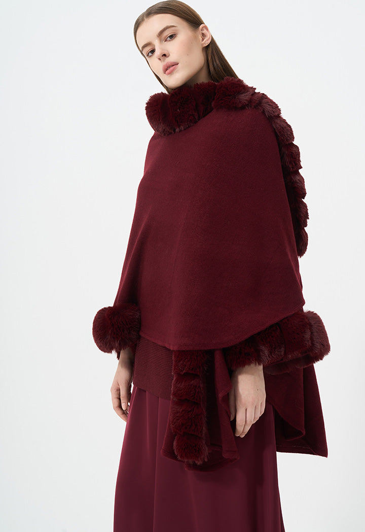 Choice Knitted Faux Fur Embellished Poncho Burgundy