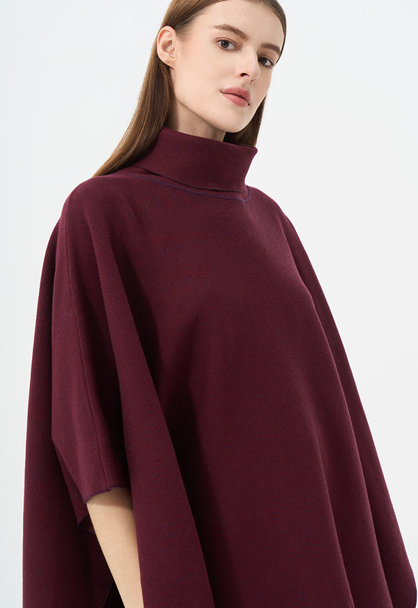 Choice Solid Long Sleeve Knitted Winter Poncho Burgundy