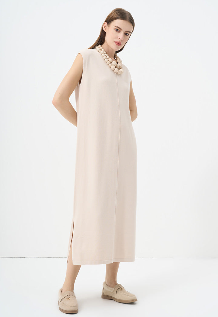 Choice V-Neck Sleeveless Knitted Dress Beige