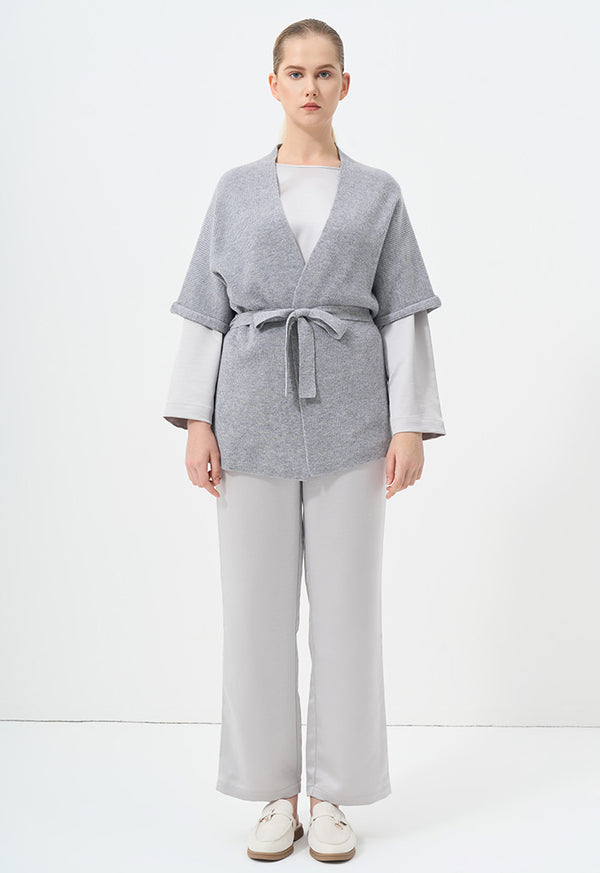 Choice Solid Short Sleeve Knitted Belted Cardigan Grey