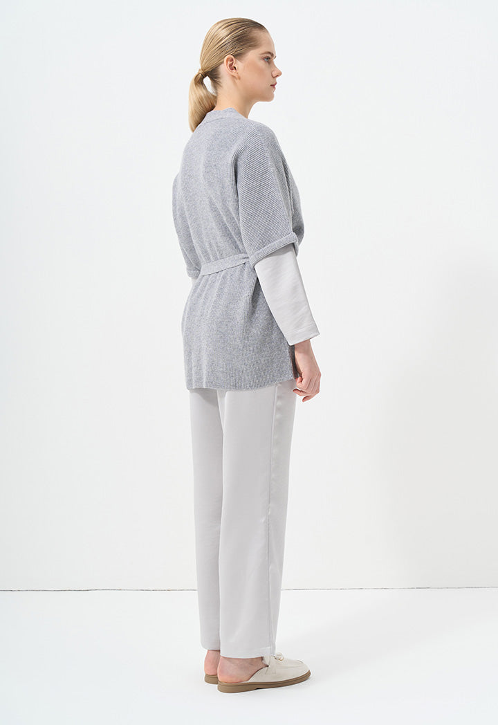 Choice Solid Short Sleeve Knitted Belted Cardigan Grey