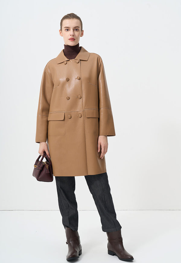 Choice Solid Synthetic Leather Midi Trench Coat  Camel