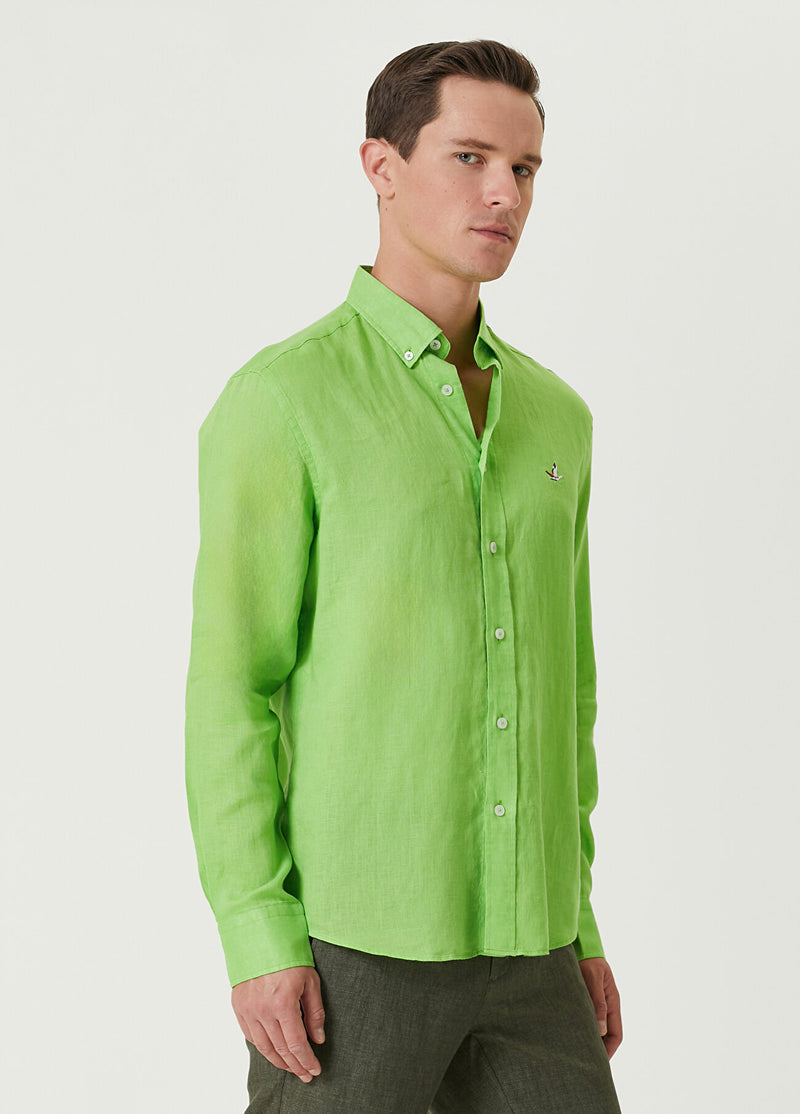 Beymen Club Men Comfort Fit Linen Shirt Neon Green