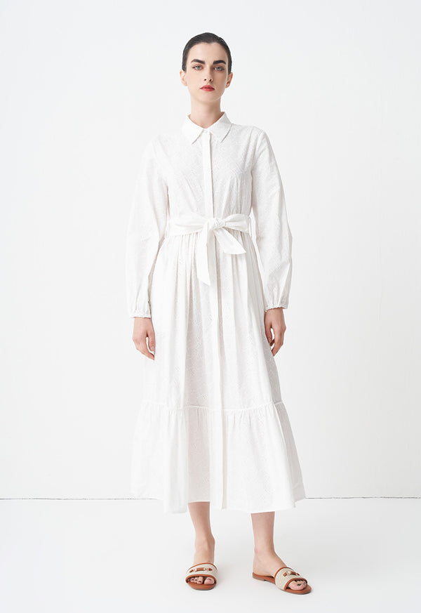 Choice Solid Monogram Belted Shirt Dress Off White