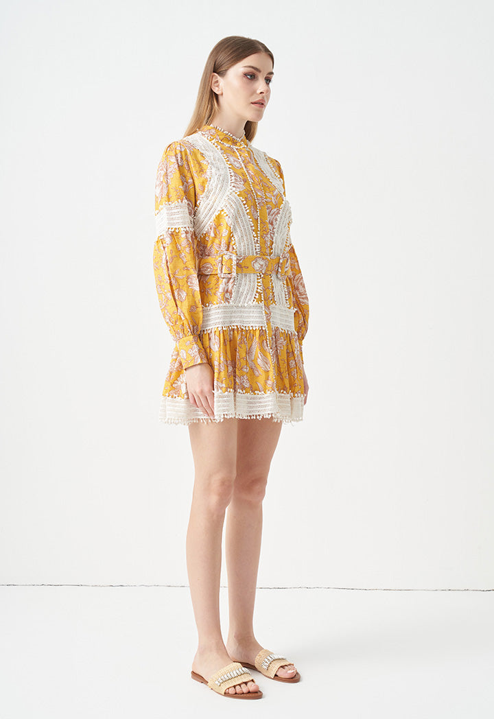 Choice Printed With Embroidered Detail Dress Yellow Print