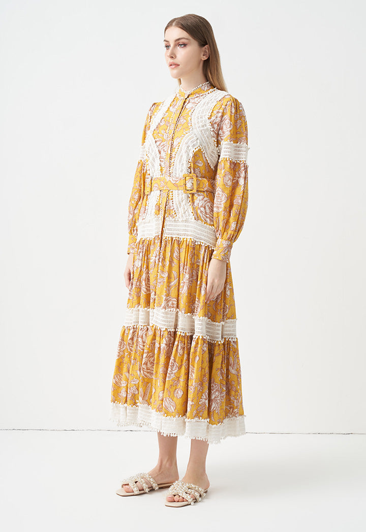 Choice Printed With Embroidered Detail Dress Yellow Print