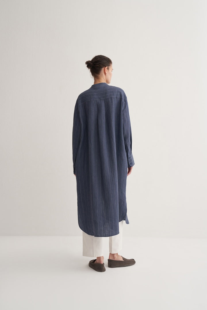 Kk Design 100% Linen Striped Shirt Dress Blue