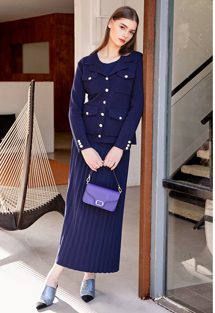 Choice Solid Pleated Knitted Skirt Navy