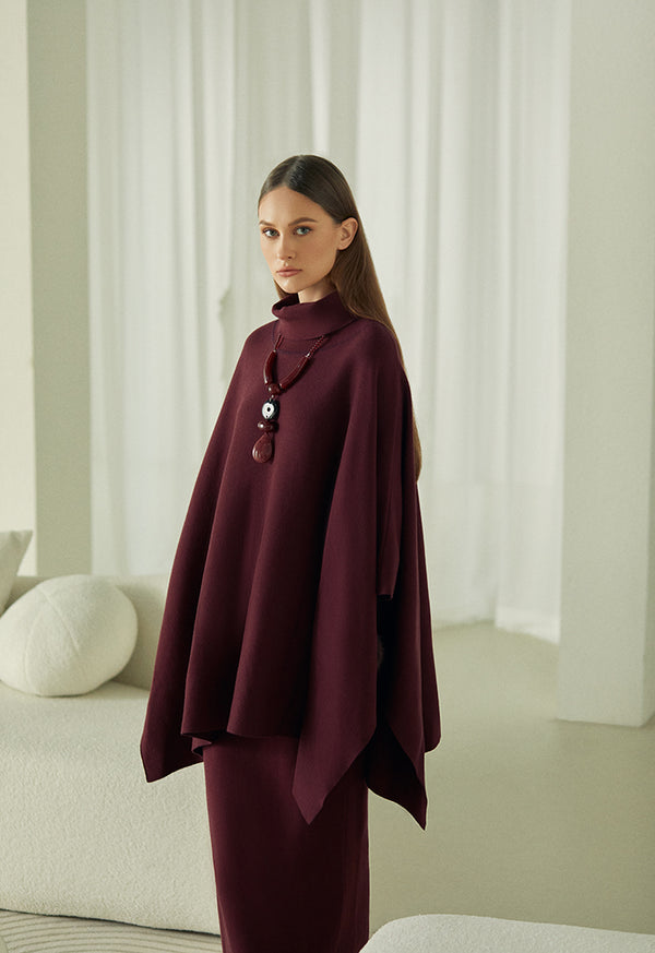 Choice Solid Long Sleeve Knitted Winter Poncho Burgundy