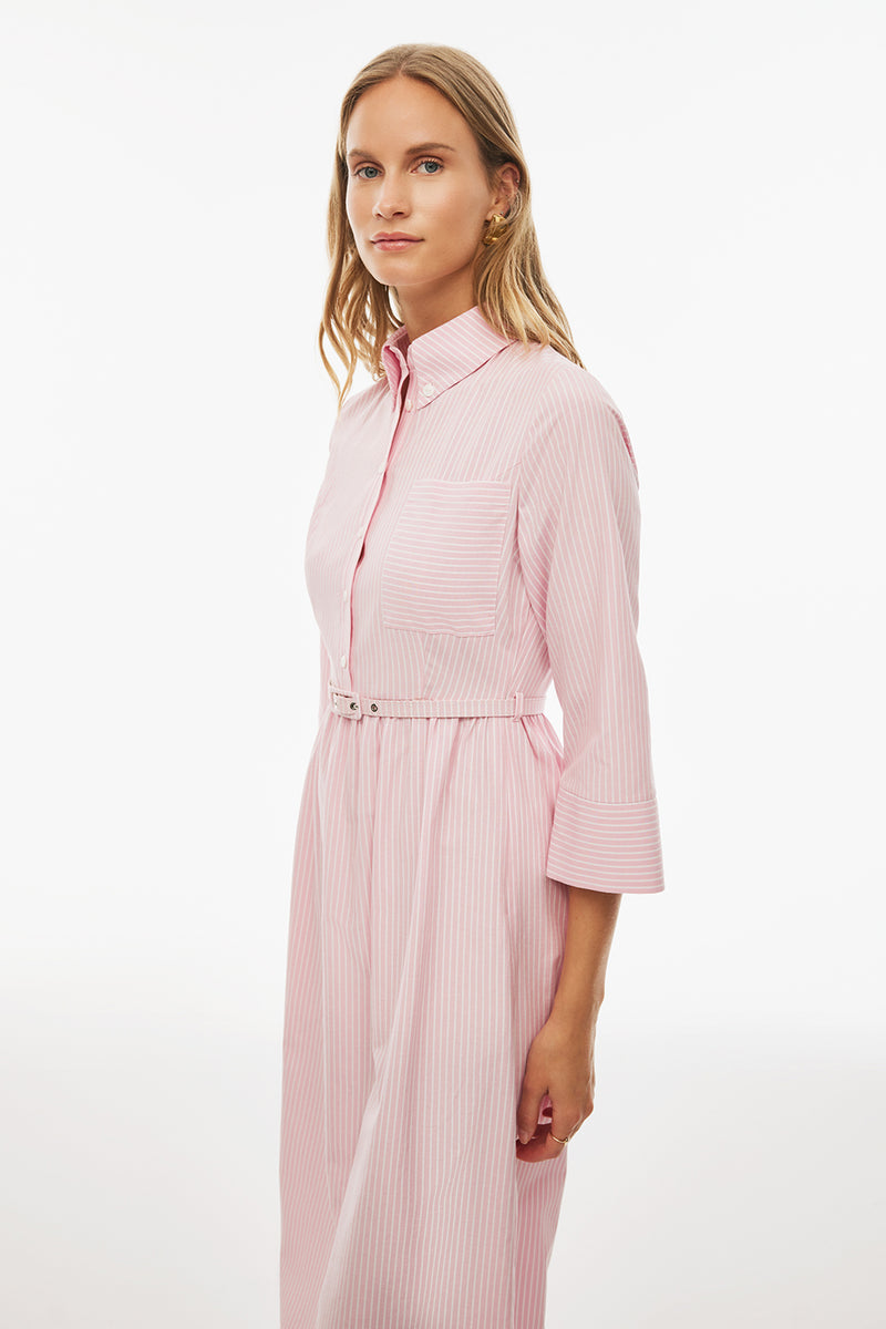 Perspective Shirt Collar Midi Striped Dress Pink