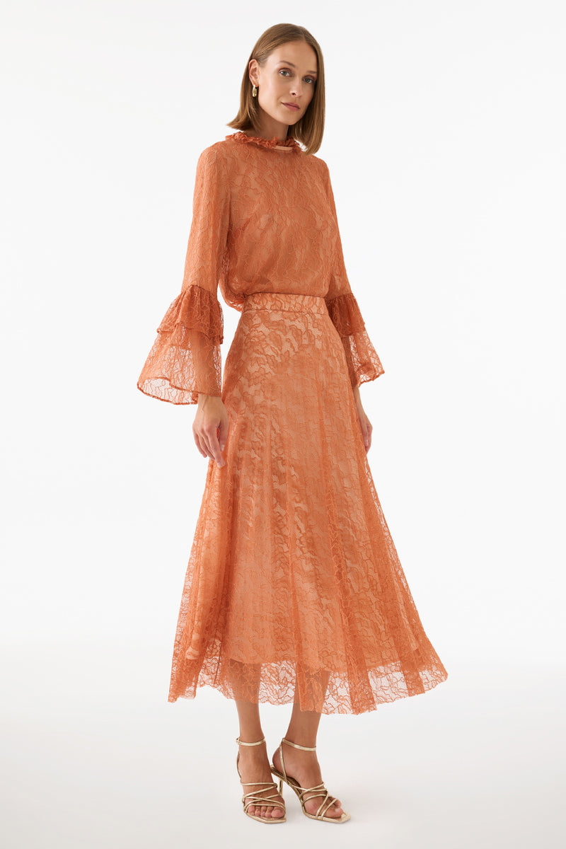 Perspective High Rise A-Line Long Skirt Salmon