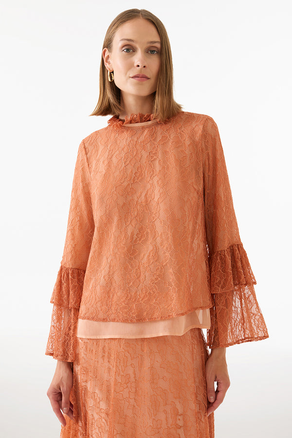Perspective Long Sleeve Frill Blouse Salmon