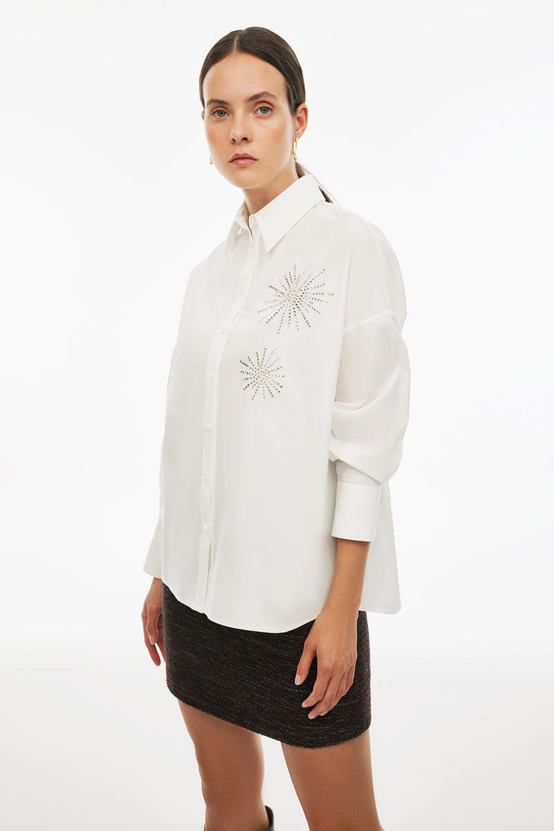 Perspective  Long Sleeve Midi Cotton Shirt Ecru