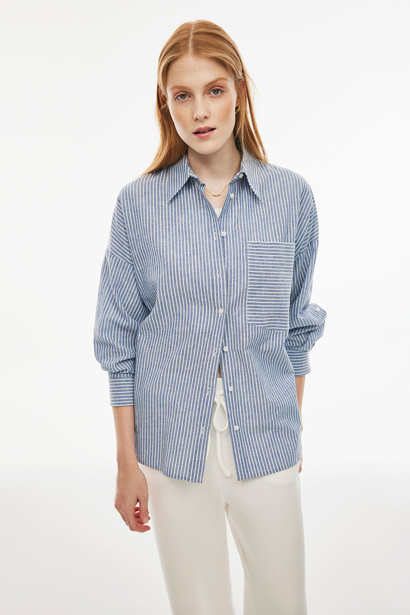 Perspective  Long Sleeve Cotton Striped Shirt Indigo/White
