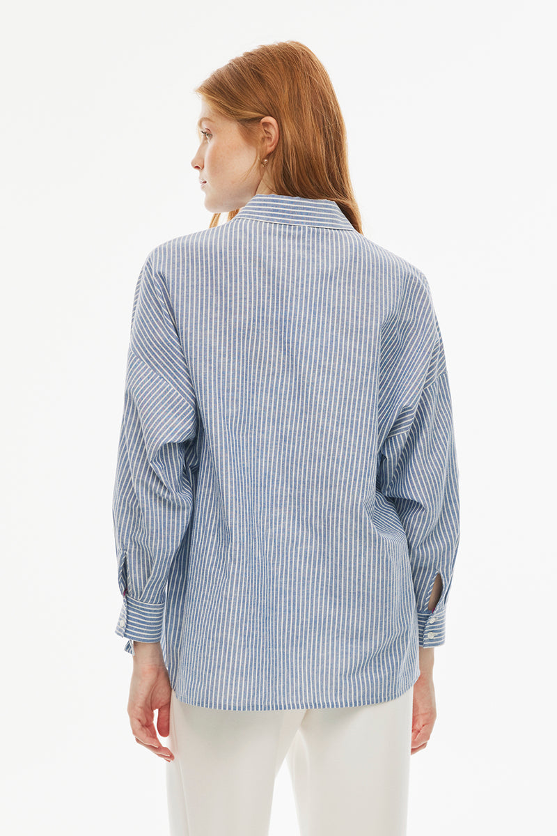 Perspective  Long Sleeve Cotton Striped Shirt Indigo/White