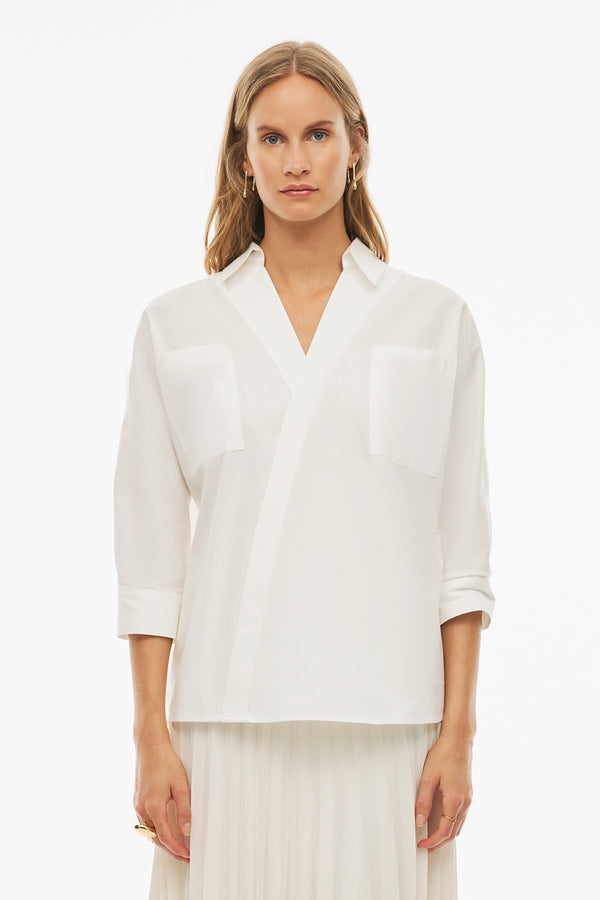 Perspective Asymmetric Three-Quarter Sleeve Cotton Shirt Ecru