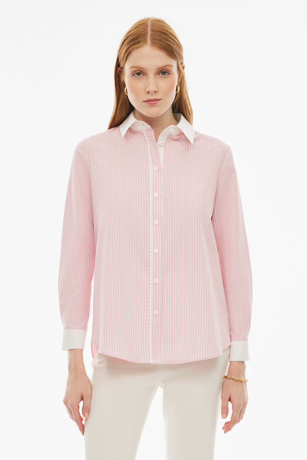 Perspective Mandarin Collar Striped Shirt Pink