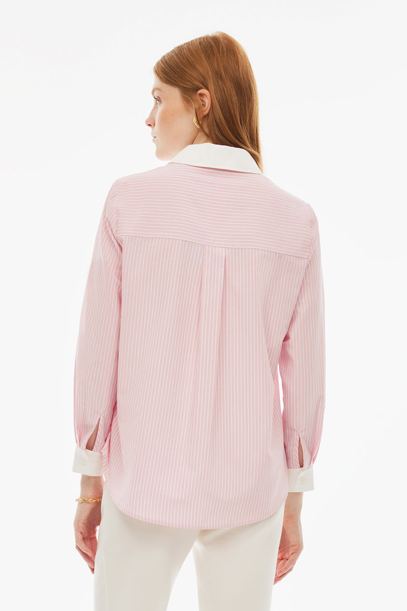 Perspective Mandarin Collar Striped Shirt Pink