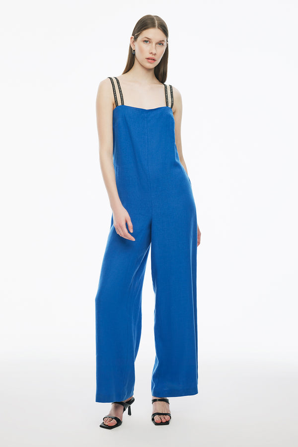 Perspective  Relaxed Fit Wide Leg Linen Jumpsuit Blue