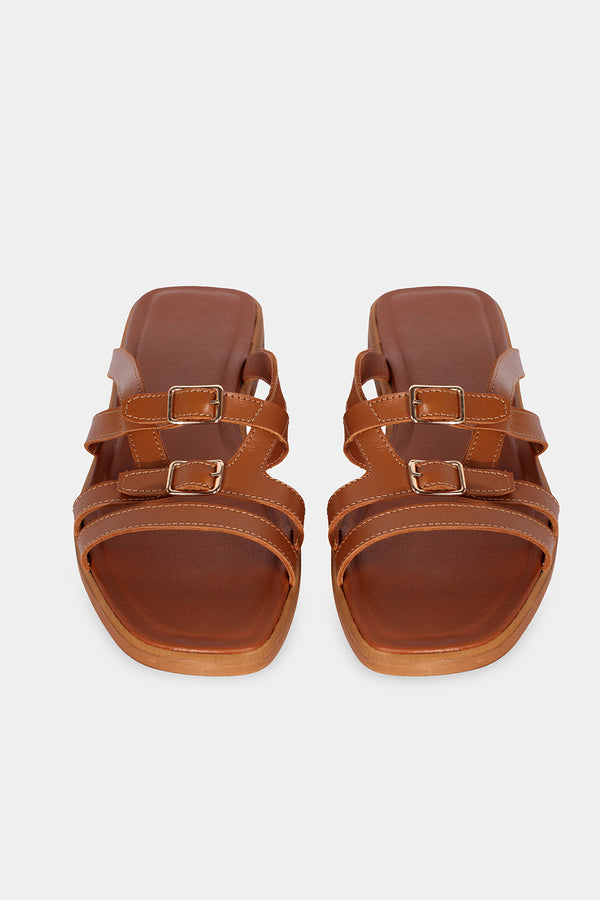 Perspective Flat Leather Sandals Terracotta
