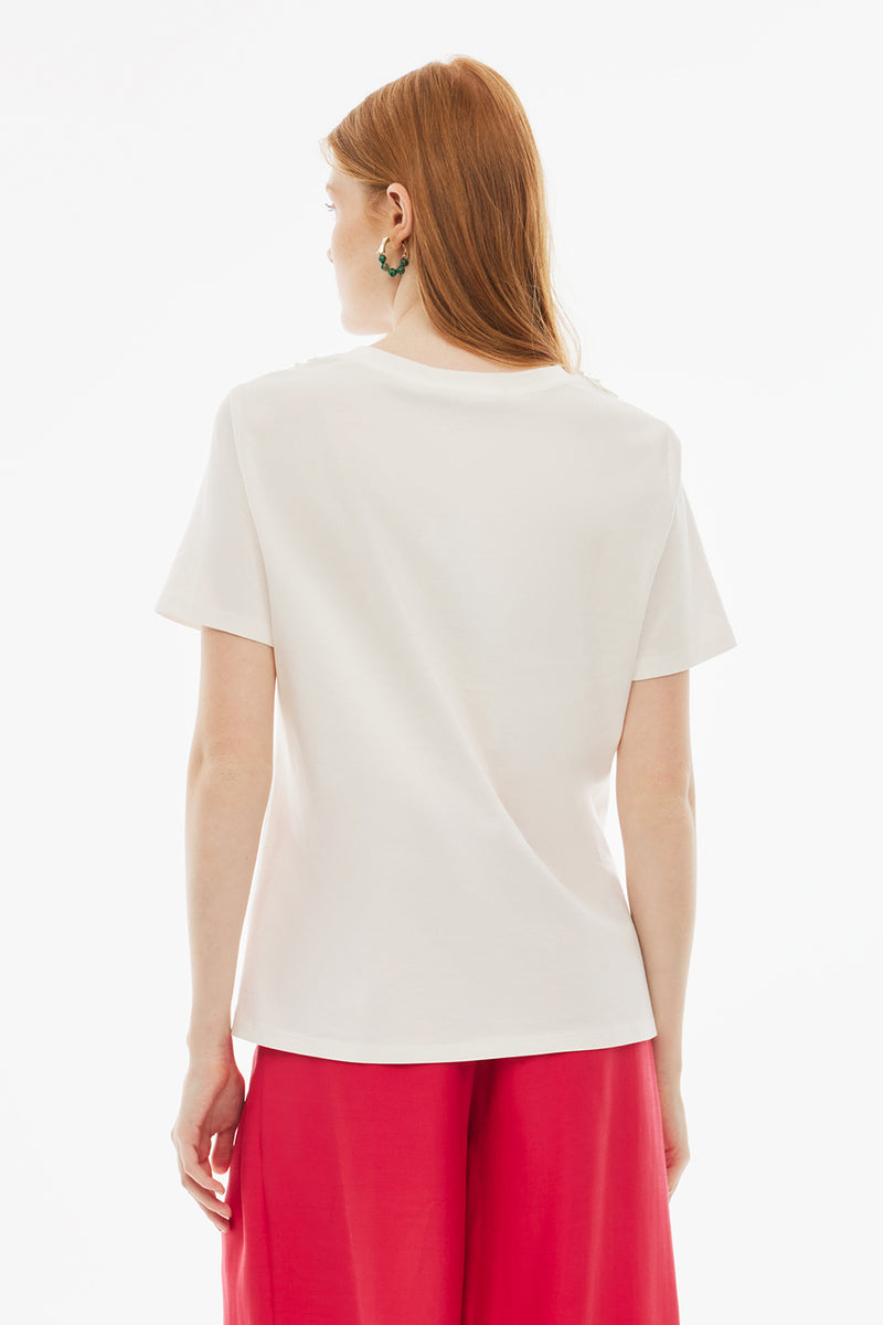Perspective Round Neck Embroidered Cotton T-Shirt Ecru