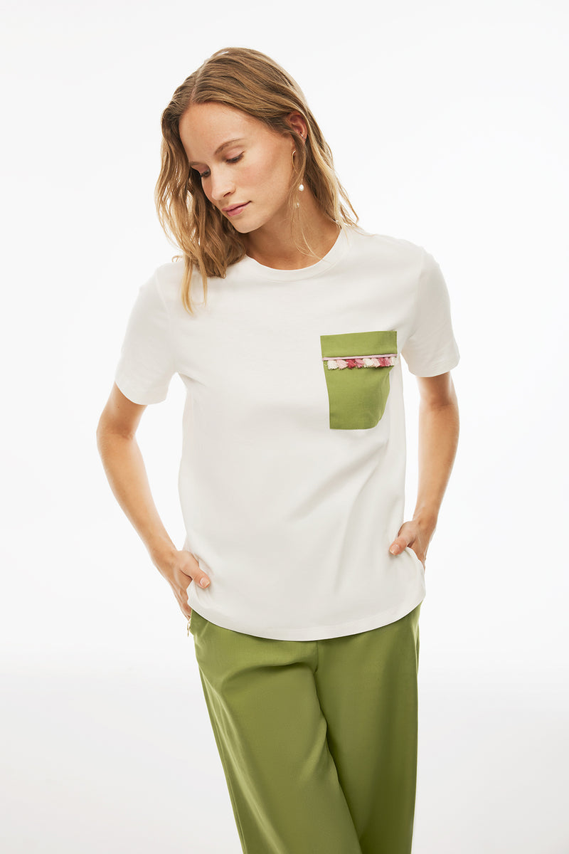Perspective Round Neck Pocket Detailed Cotton T-Shirt Ecru